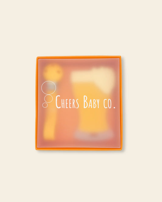 Cheers Baby Co. gift box with soft silicone teether design visible through the packaging on a white background.