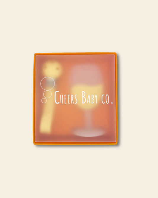 Cheers Baby Co. gift box with soft silicone teether design visible through the packaging on a white background.