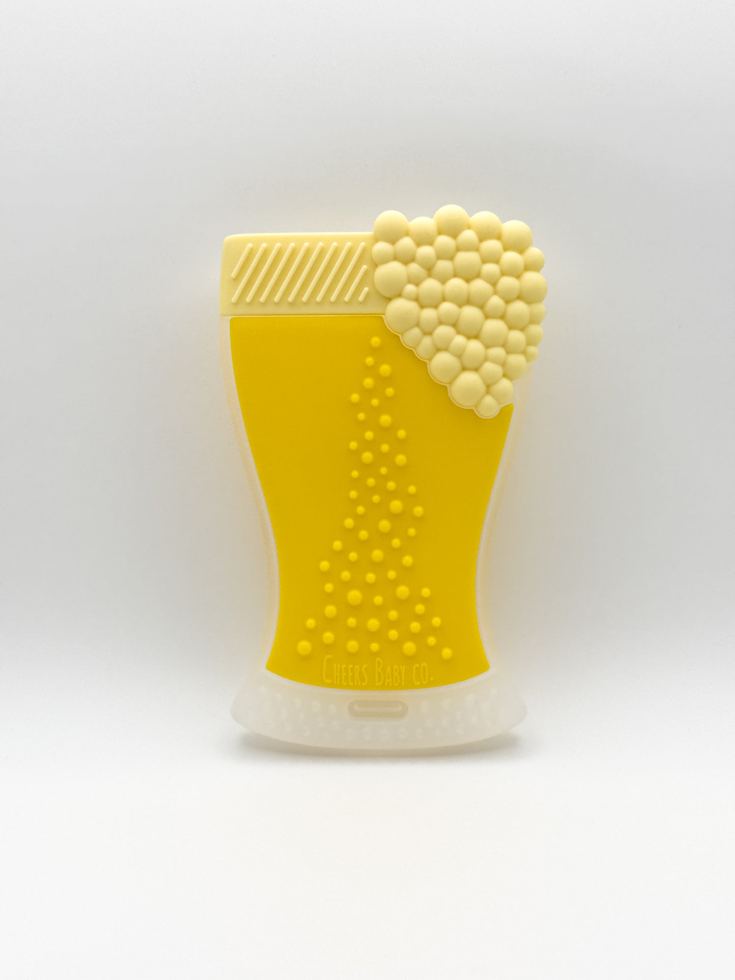 Soft silicone baby teether displayed upright on a white background with textured details