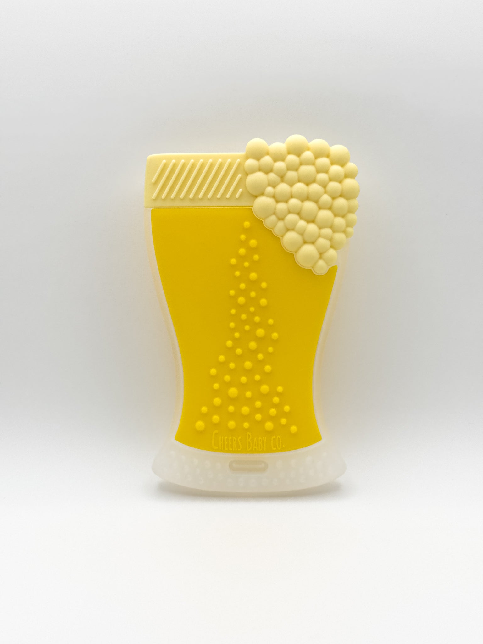 Soft silicone baby teether displayed upright on a white background with textured details