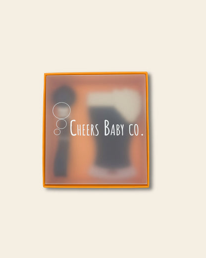 Cheers Baby Co. gift box with soft silicone teether design visible through the packaging on a white background.
