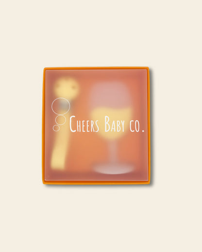 Cheers Baby Co. gift box with soft silicone teether design visible through the packaging on a white background.