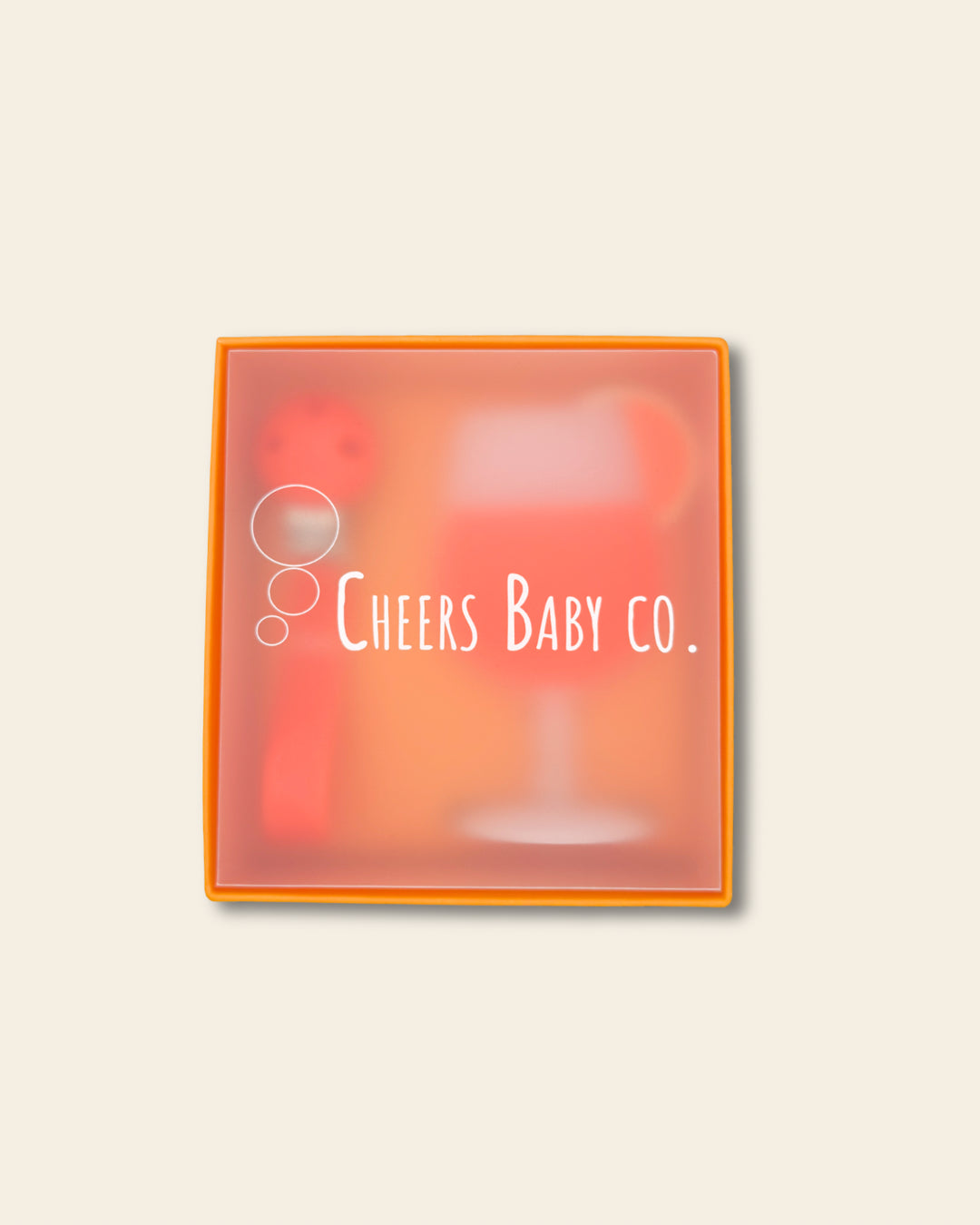 Cheers Baby Co. gift box with soft silicone teether design visible through the packaging on a white background.
