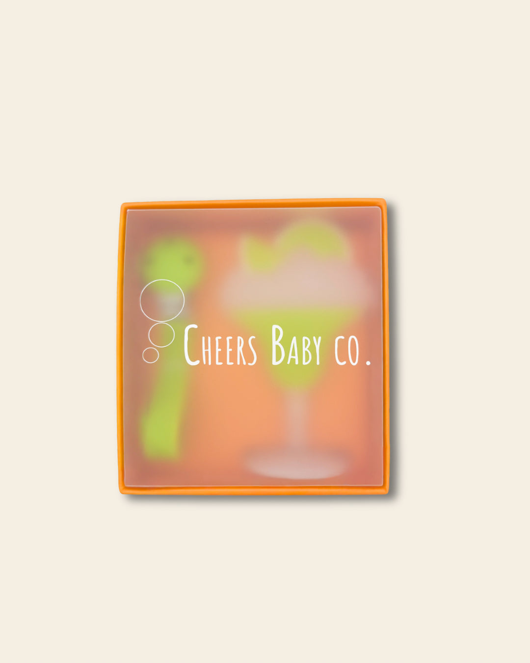 Cheers Baby Co. gift box with soft silicone teether design visible through the packaging on a white background.