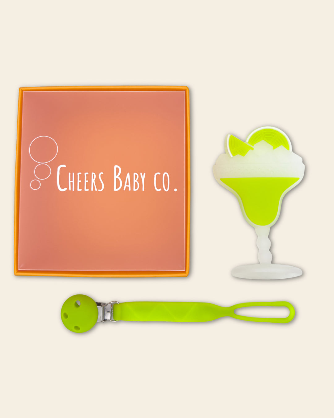 Cheers Baby Co. gift box with soft silicone teether design visible through the packaging on a white background.