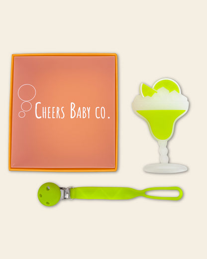 Cheers Baby Co. gift box with soft silicone teether design visible through the packaging on a white background.