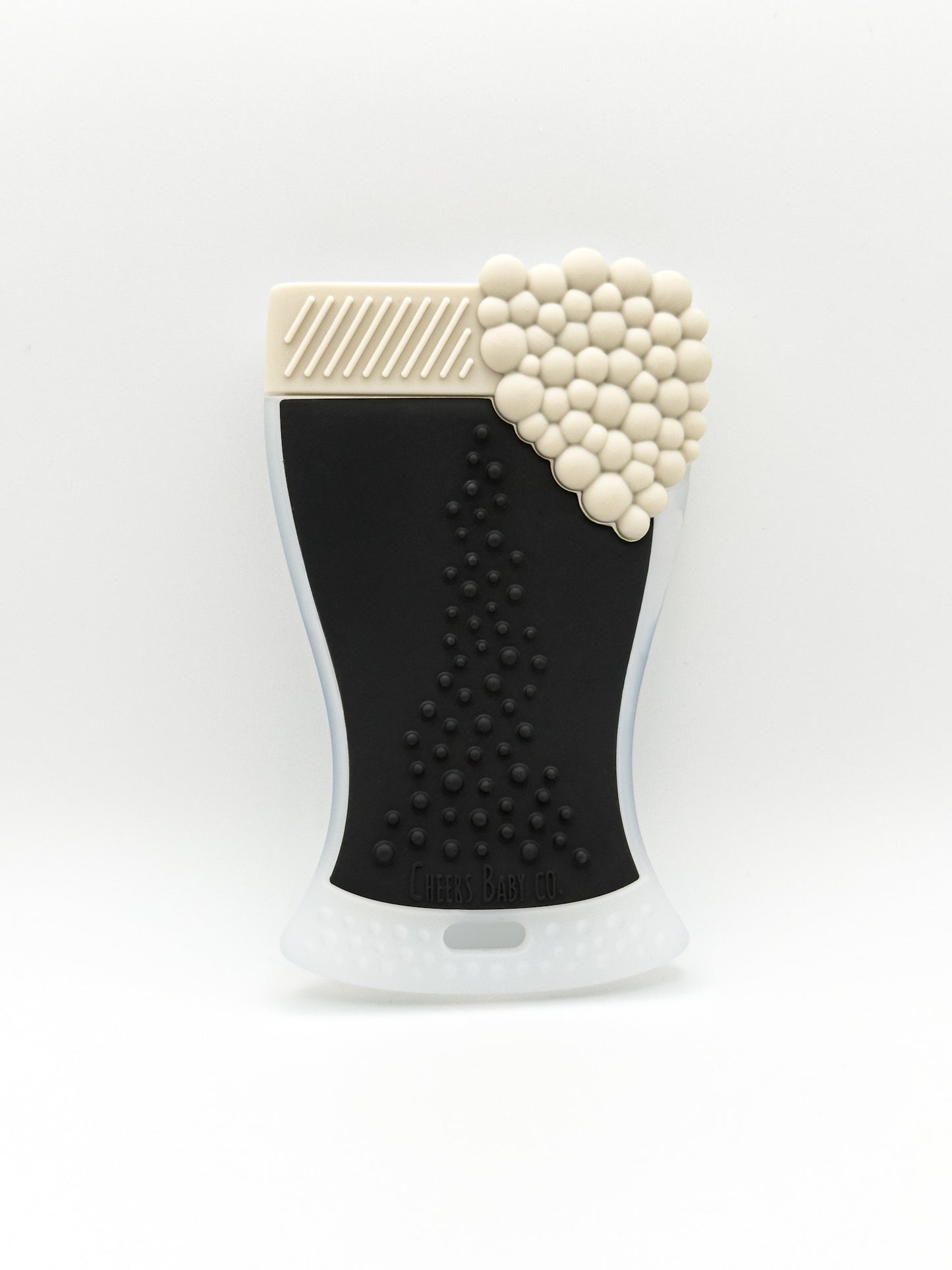 Soft silicone baby teether displayed upright on a white background with textured details