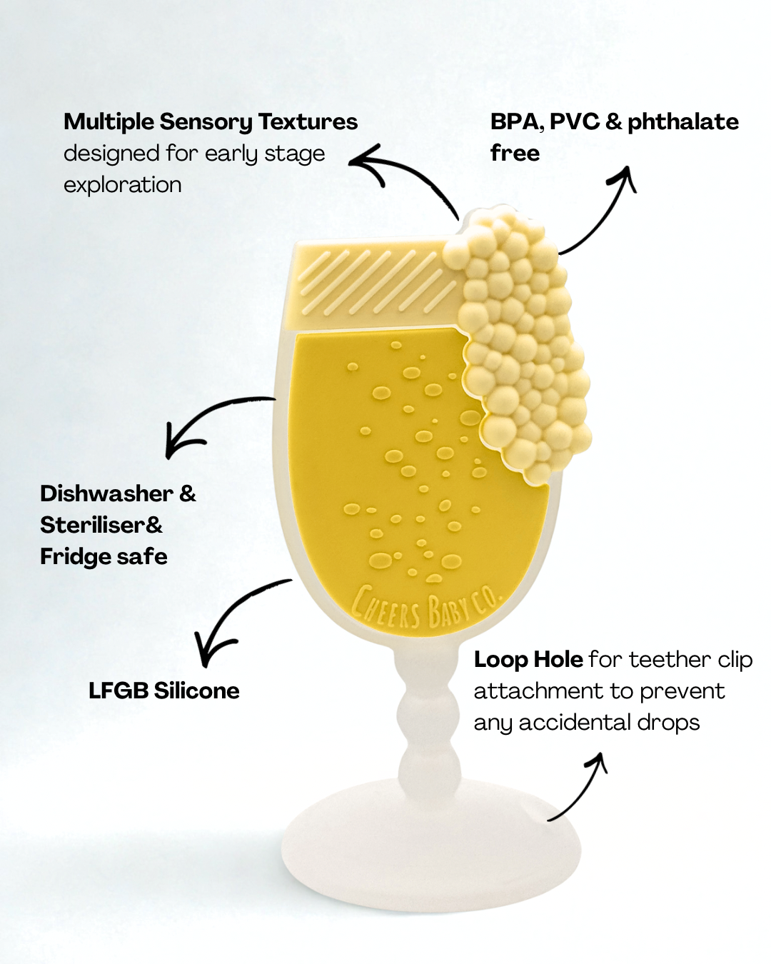 Soft silicone baby teether displayed upright on a white background with textured details